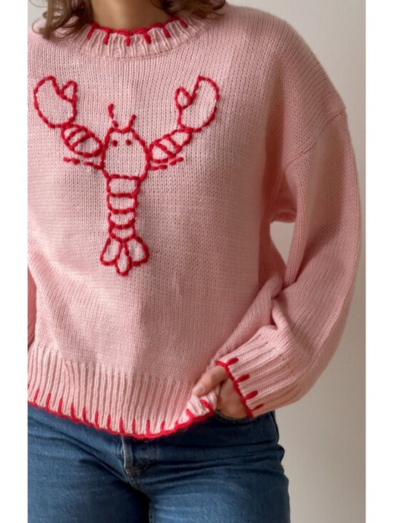 Bailey Rose Sweaters - Women's Pink Crewneck Sweater with Red Lobster Embroidery